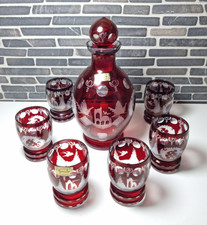 Egermann Rubinbeize Jagdglas Set Karaffe 6 Gläser Böhmen Likör Schnaps Pinnchen