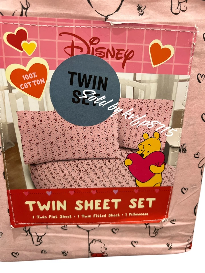 Juego de sábanas gemelas rosa Winnie The Pooh Día de San Valentín 3 piezas nuevo con etiquetas Disney NUEVO CON ETIQUETAS AMOR Foto 3 de 4