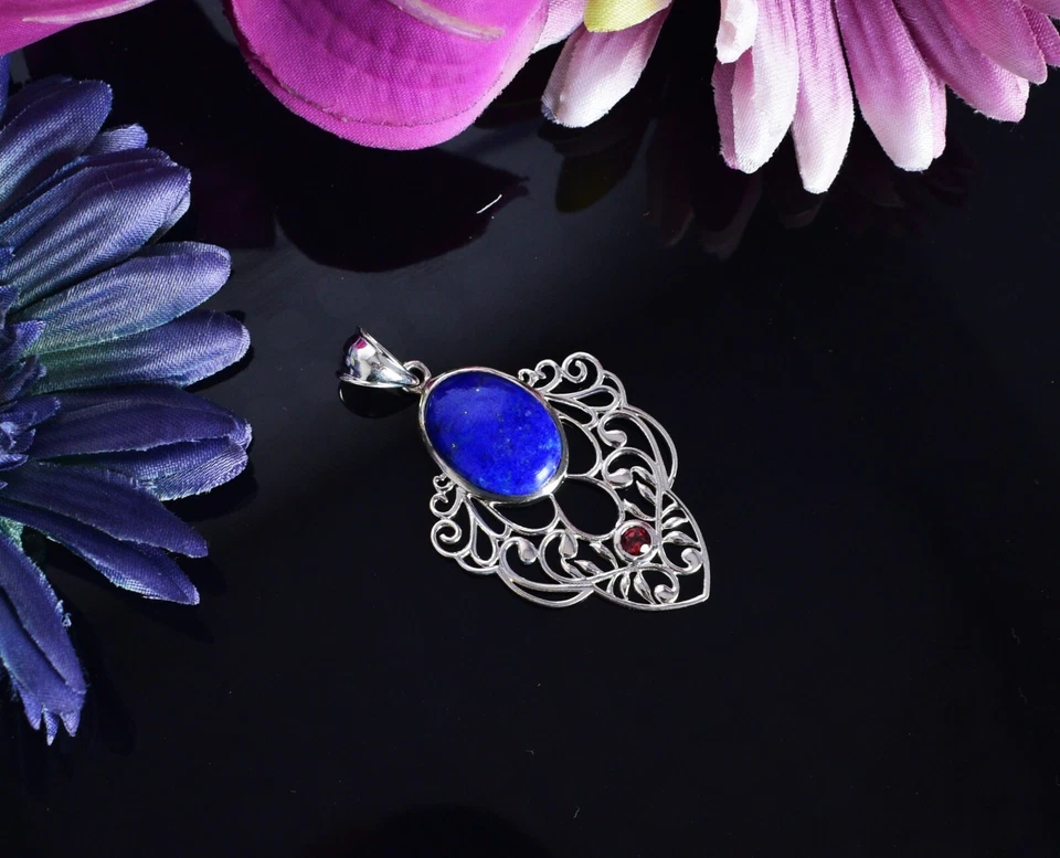 Pietra preziosa lapislazzuli argento sterling 925 ciondolo granato look... - Immagine 3 di 4