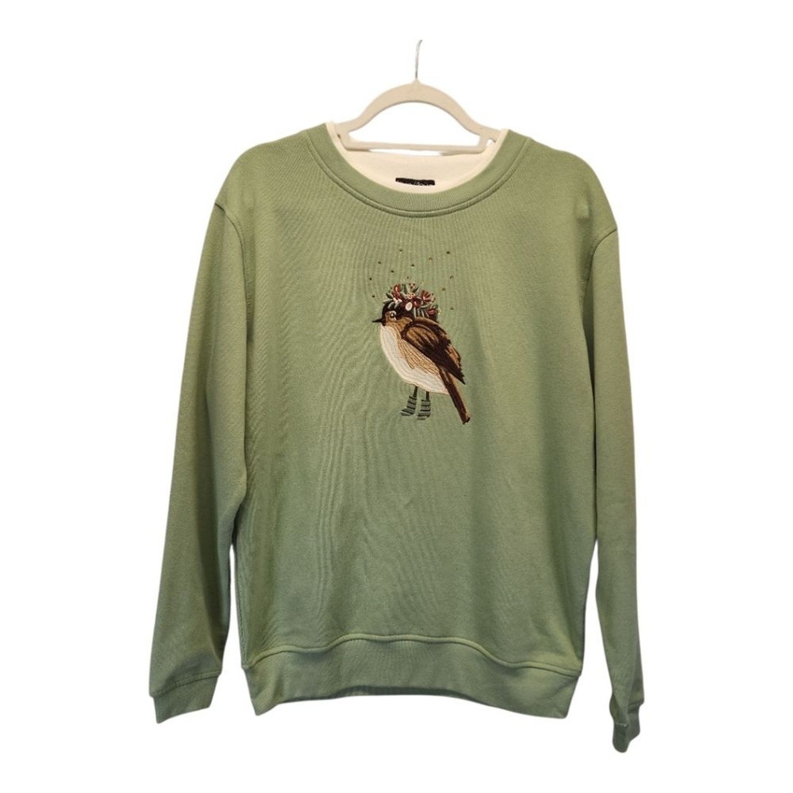 Grandma Core Embroidered Embellished Winter Wren Bird Sweatshirt LARGE