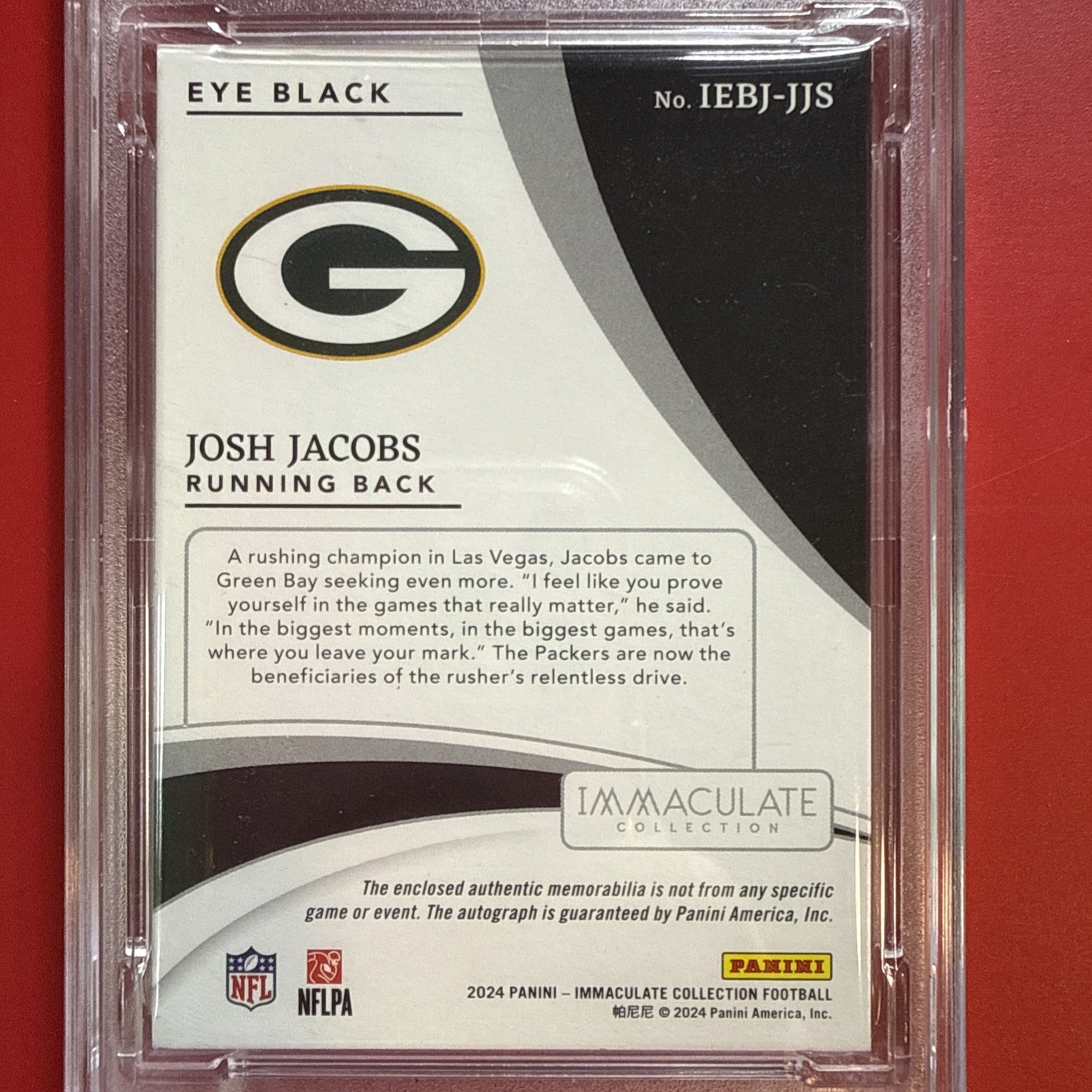 2024 IMMACULATE JOSH JACOBS EYE BLACK AUTO LAUNDRY TAG 1/1 PSA 8 AND 8 AUTO 1/1! view 10