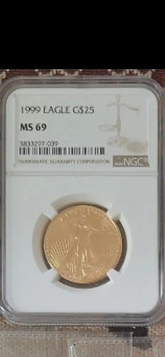 1999 $25 American Gold Eagle 1/2 Oz 0.5 Oz Gold MS-69 NGC