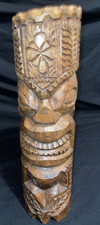 Large Vintage Hand-Carved Tiki Totem   Solid Wood 15  Heavy MCM Decor Polynesian