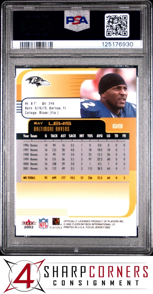 2002 FLEER FOCUS (JE) #69 RAY LEWIS RAVENS HOF POP 5 PSA 10 - Image 2 of 3