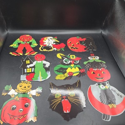 Vintage Halloween Die Cut Decorations Lot of 9 Neon Orange Black Cat Pumpkin