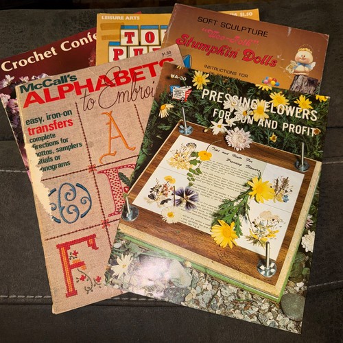 5 Vintage Craft Books Crochet/ Dolls/ Flower Pressing/ Embroidery
