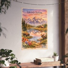 Grand Teton Poster  Mountain Cabin, Lake Reflection, Wildlife, Watercolor Print