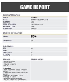 Nintendo Duck Tales 2 NES NOE/FRG Pixel Grading 85+