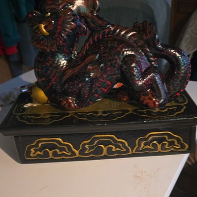  Dragon Decorative Box ceramic Black Gold Red Cloud Motif 