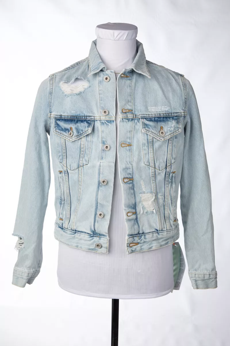 New OFF-WHITE C/O VIRGIL ABLOH Main Label Fringe Denim Jacket Coat 6 US /  40 IT