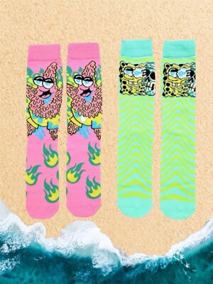 Neon Sponge Bob SquarePants and Patrick Starr Two Pair Novelty Sock Set