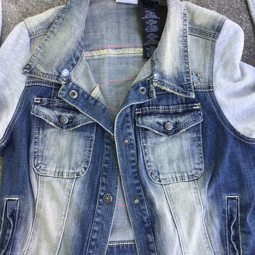 Harley Davidson Women Medium Denim Jean Jacket Sweater Rhinestone *STAINED* - Picture 7 of 15