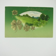St. Patricks Day Postcard Sheep Field Pasture Land Gold Shamrocks Antique 1909