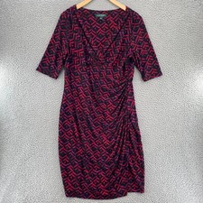 Lauren Ralph Lauren Dress Womens 14 Red Multi Herringbone Bodycon Surplice Knit