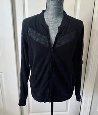 Lauren Ralph Lauren Women's Lace Trim Fleece Jacket Black Size L Cotton Blend