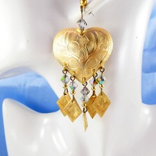 Pretty Matte Gold Tone Heart Dangle Earrings Crystal Dangles Lovely