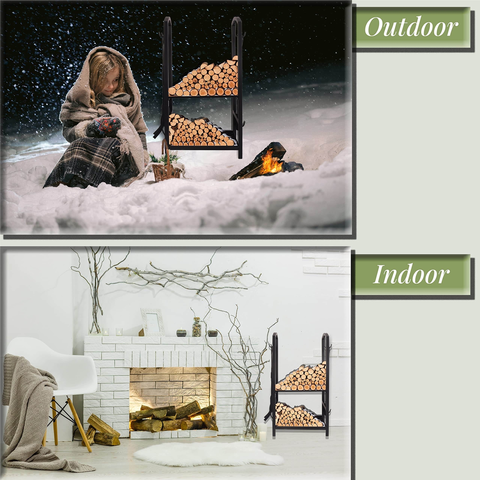 Firewood Rack with Fireplace Tools Set H-Shaped 2 Layer Storage Indoor Outdoor