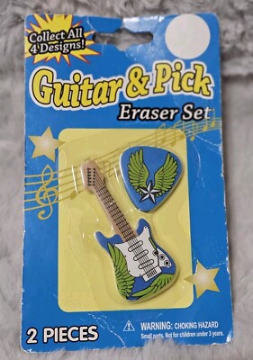 Vintage Mini Guitar And Pick Erasers  Wings And Star, Still Sealed In Package