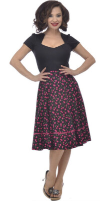 Rock Steady Women's High Waist Cherry Print Flared Midi Skirt Vintage Skirt