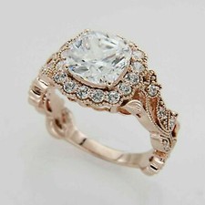 Vintage 2 Karat Künstlicher Diamant Kissen Schnitt Verlobungsring 14k Rose Gold