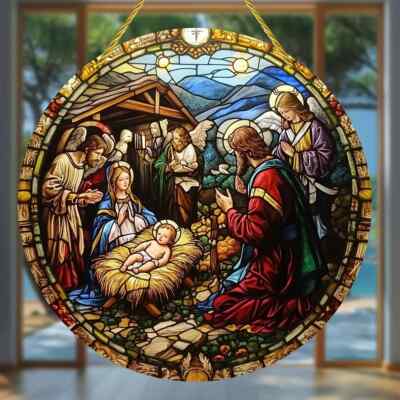 Lebendige Weihnachtskrippe Sonnenfänger Buntglasoptik Hängedeko Geschenk