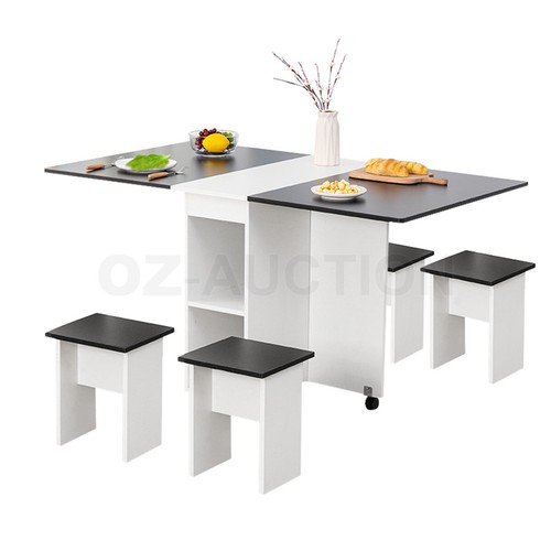 Dining Table and Chair 5 Piece Multifunctional Foldable Furniture White & Black - Picture 11 of 12