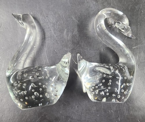 2 VTG Clear Glass Swans Clear with Controlled Bubbles Handblown Art Figurine 4" - Picture 2 of 11