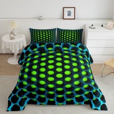 Honeycomb Comforter Set Green Blue Queen Geometric Bedding Set NEW 