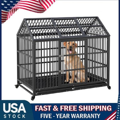 Heavy Duty Dog Crate, 52'' Double Door Metal Dog Kennel w/ Wheels for Large Dogs