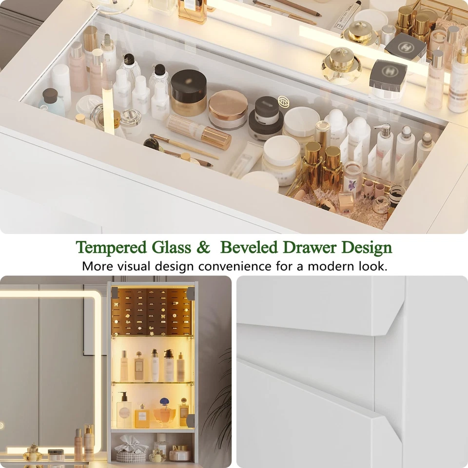 Mesa de tocador de maquillaje con espejo iluminado y toma de corriente con taburete Foto 4 de 4