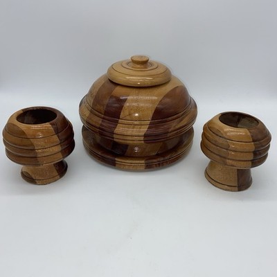 Handmade Wooden Lidded Bowl Goblets Set Turned Mixed Woods Vintage Rustic Decor