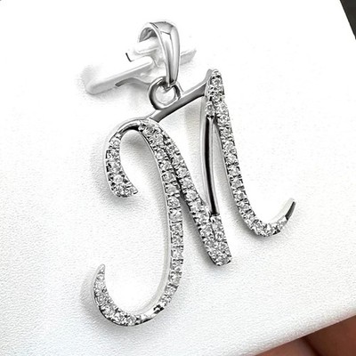 14K White Gold Plated Round Cut M Initial Pendant Necklace Natural Moissanite