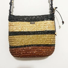 Striped Woven Straw Crossbody Bag With Beaded Adjustable Strap By Sun N Sand
