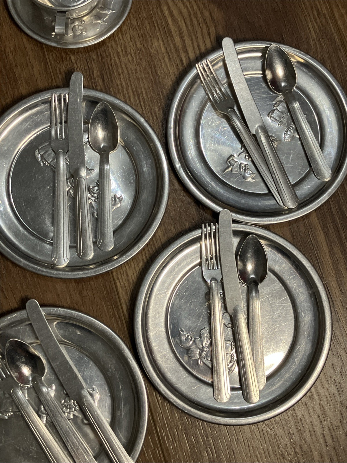 Vintage Little Bo Peep Child Toy 6 Person Aluminum Tea & Dinner Sets 37 Pieces