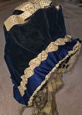 VICTORIAN 1880  S BLUE VELVET BONNET W LACE RUFFLES As Found