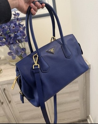 PRADA Blue Top Handle Bag Gold Hardware Detachable Adjustable Strap Logo Accent