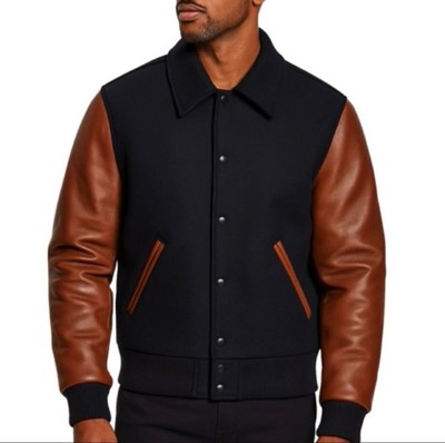 Men's Letterman Wool & Leather Custom Bomber Varsity Jacket Snap Button Coat