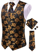 Mens Waistcoat Gold Floral Vest Tie Pocket Square Cufflinks Set Wedding Formal