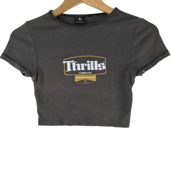 Thrills T-Shirt Womens 6 Grey Logo Graphic Cropped Cotton Short Sleeve 131800