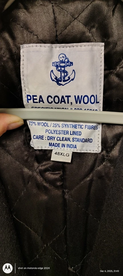 Abrigo de Guisante Alistado de la Marina de los Estados Unidos 44 XL Negro Lana/Forrado de Satén/SIN SIGNOS DE DESGASTE Foto 3 de 4