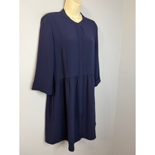 Quince Stretch Crepe Shirt Dress Textured Sleeves Button Front Navy Women's M