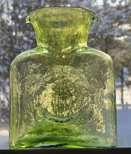 Blenko Green  Glass Water Bottle  - Double Spout Stamped 2005 W Orig Sticker 8"T