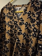 Nine West XL Brown Black Floral A-Line Dress V-Neck Knee Length Long Sleeve