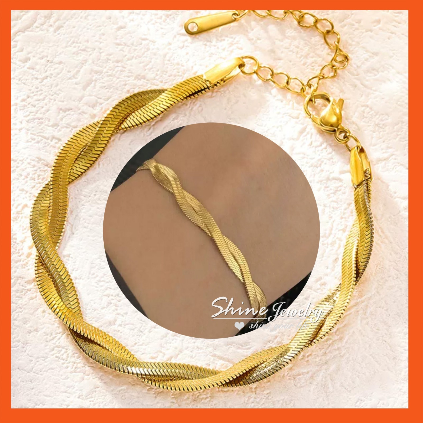 Womens 18K Gold GF Double Braided Herringbone Chain Solid Bangle Bracelet Gift