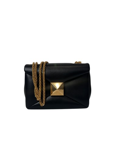$3270 Valentino Black Quilted One Stud Gold Tone Chain Crossbody Small Bag
