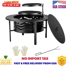 42 Inch Fire Pit with 2 BBQ Grills Wood Burning Fire Pits for Outside with Lid
