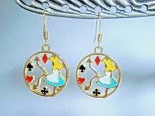 1 3/8" Drop Enameled Alice in Wonderland, Clock  Playing Card Hours GP Earrings