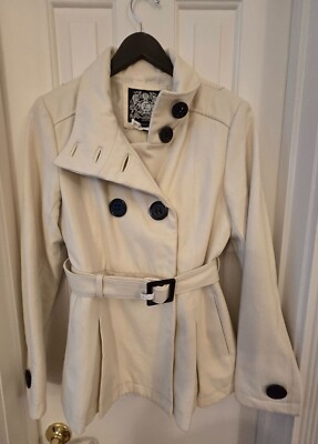Esprit Cream Women's M Double-Breasted Wool Belted Peacoat w Black Buttons Y2K