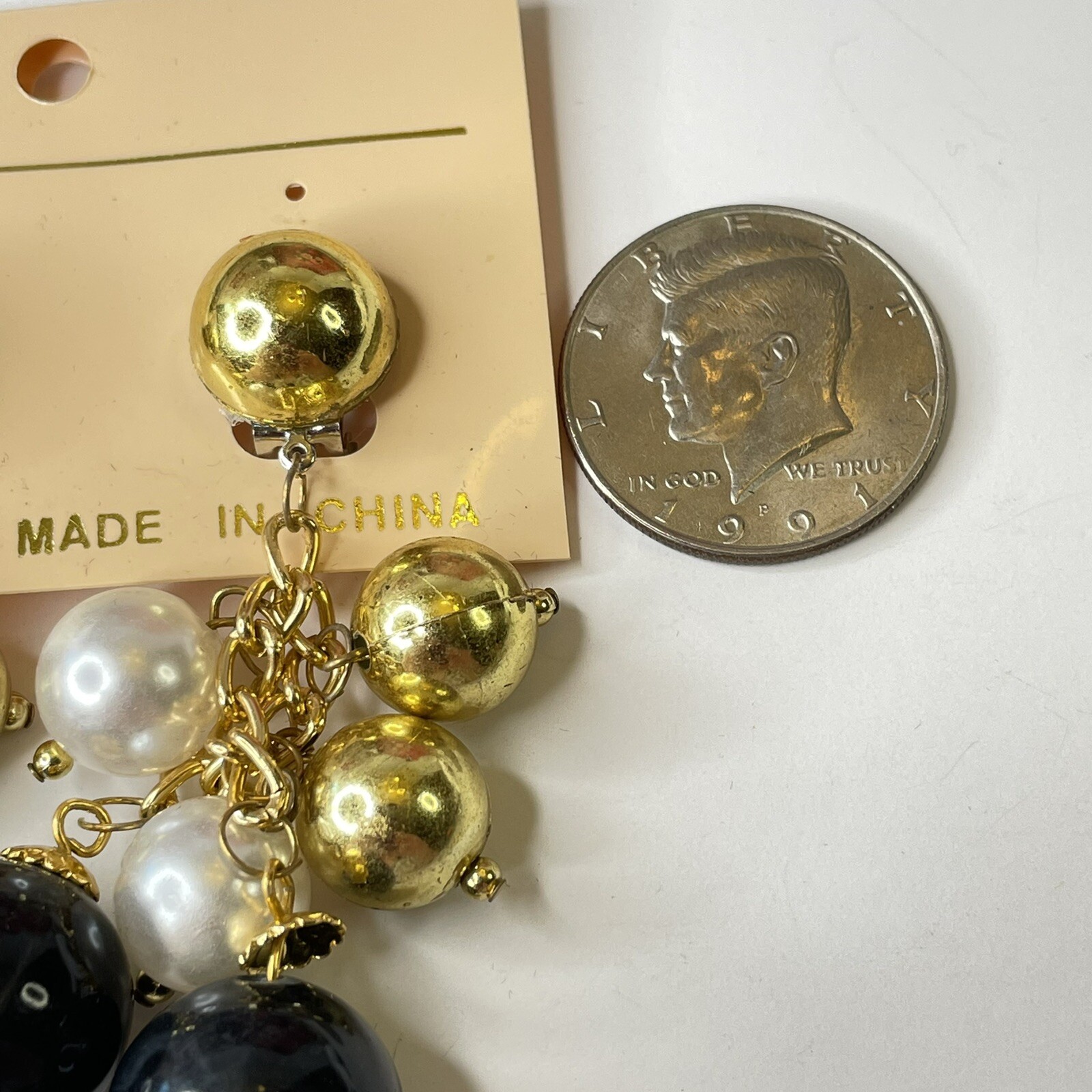Vtg NOS 198090’s Gold Tone Black & Faux Pearl Balls Clip On Earrings