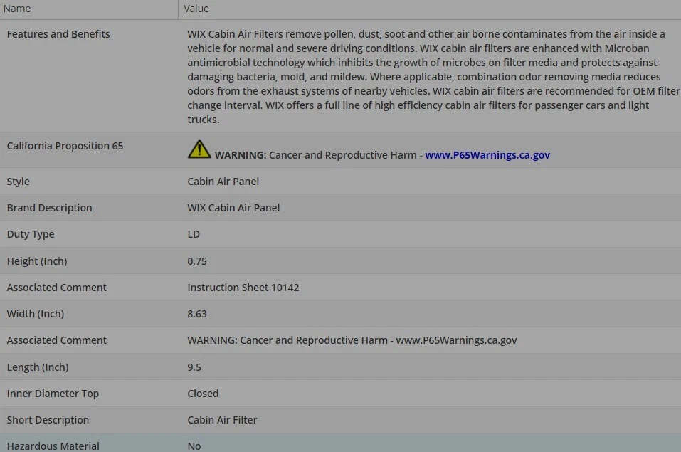 Filtro de aire de cabina WIX para Jeep Cherokee 2014-2018 L4-2,4 L Foto 3 de 4